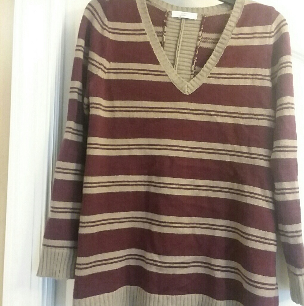 Cranberry red and beige striped sweater